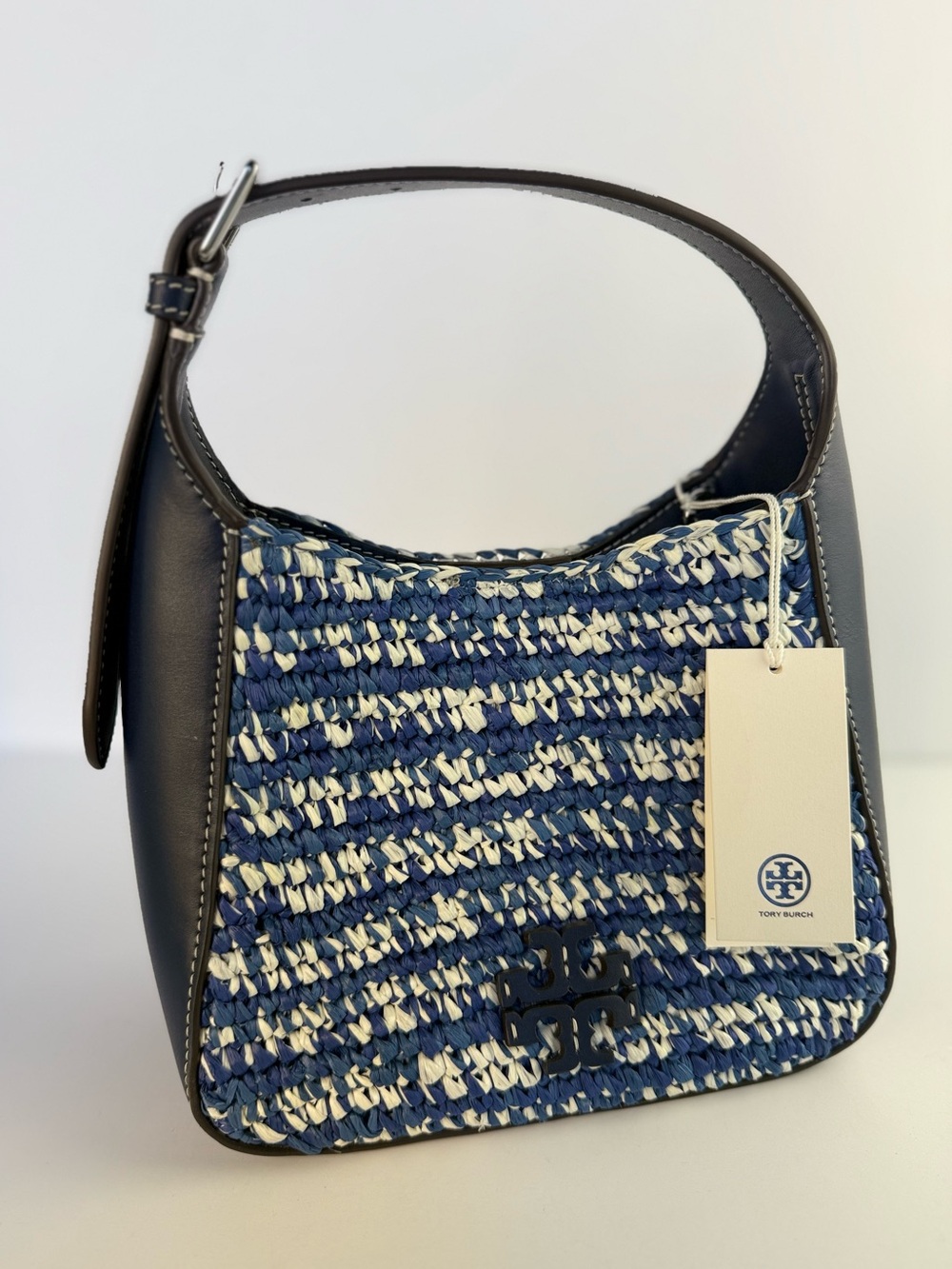Tory Burch Thea Straw Small Bucket Bag Blue Melange Woven Raffia $458 - Picture 3 of 16